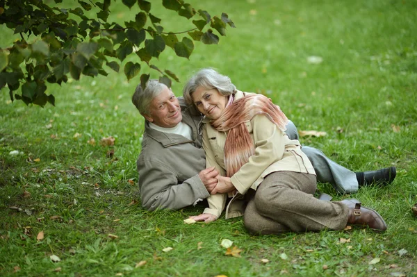 Anziani seduti nel parco autunnale — Foto Stock