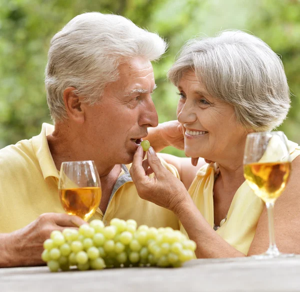 Casal velho beber vinho — Fotografia de Stock