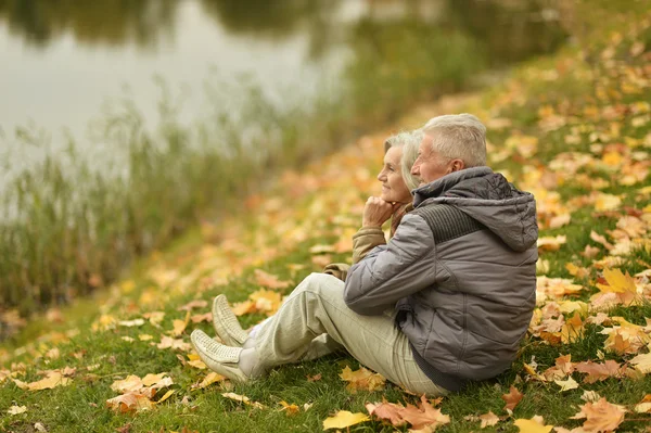 Romántica pareja madura sentada en el parque — Foto de Stock