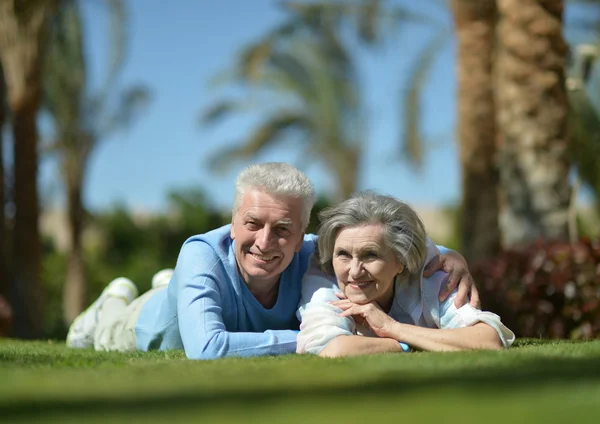 Felice coppia di anziani che riposa sull'erba — Foto Stock