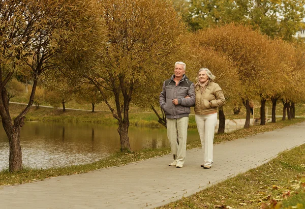 Pareja madura caminando en el parque de otoño — Foto de Stock