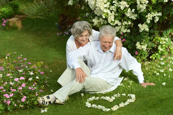 Couple aîné reposant sur l'herbe — Photo