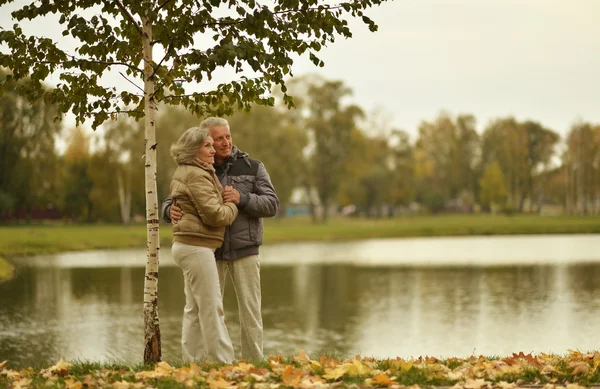 Couple d'âge mûr marche dans le parc d'automne — Photo