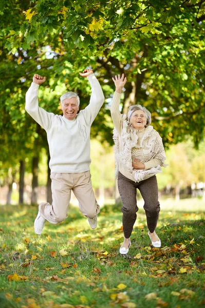 Elderly couple jumping — Stock Photo, Image