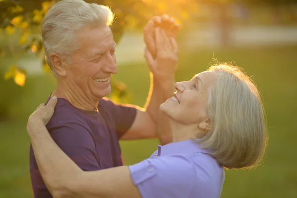 Senior pair in park at sunset — Stock Photo, Image