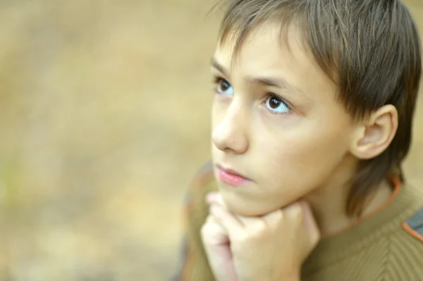 Pensive little boy in the autumn — Stock Photo, Image