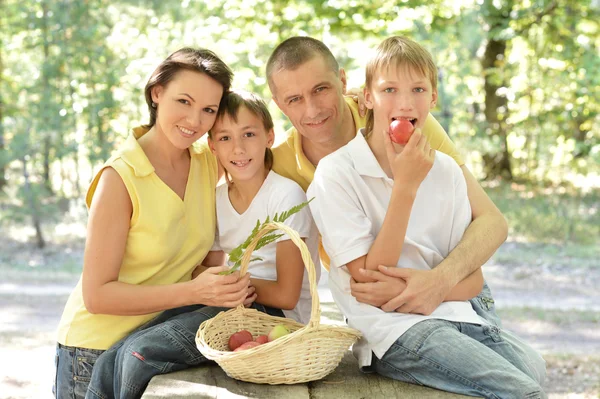 Família com uma cesta de frutas — Fotografia de Stock