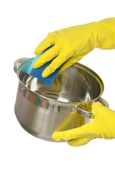 鍋を洗う手袋で手 — ストック写真
