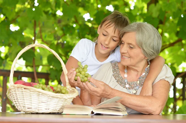 Grootmoeder met kleinzoon lezen — Stockfoto