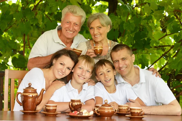 Family drinking tea in summer — Stock Photo, Image