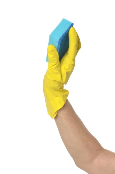 Hand in yellow glove with sponge — Stock Photo, Image