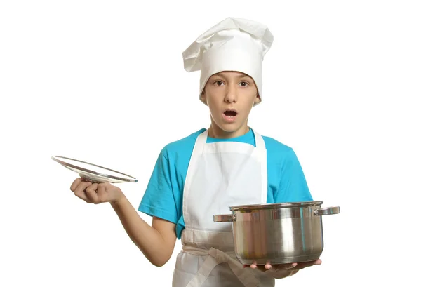 Kitchen boy holding ladle and pan — Stock Photo, Image