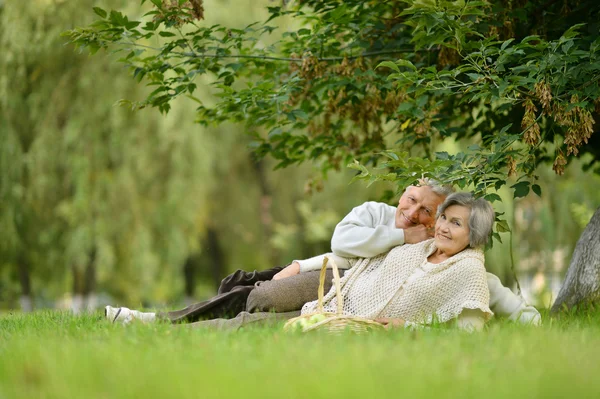 Elder couple in park with apples — Stock Photo, Image