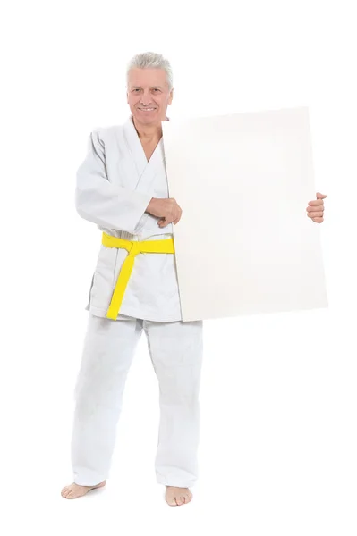 Karate  Senior man   with poster — Stock Photo, Image