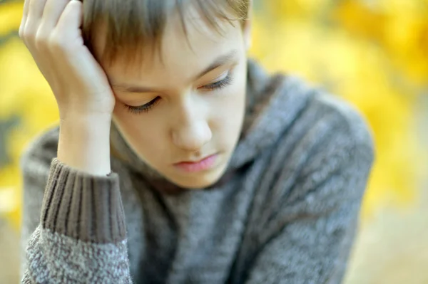 Sad boy in   autumn park — Stock Photo, Image