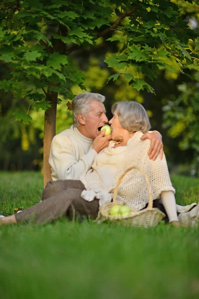 Pareja mayor en el parque con manzanas — Foto de Stock