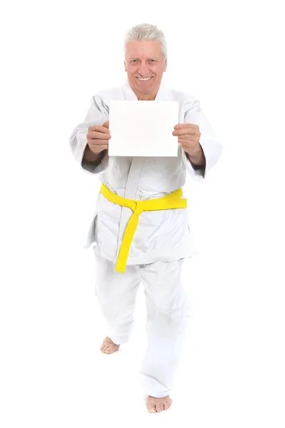 Karate  Senior man   with poster — Stock Photo, Image