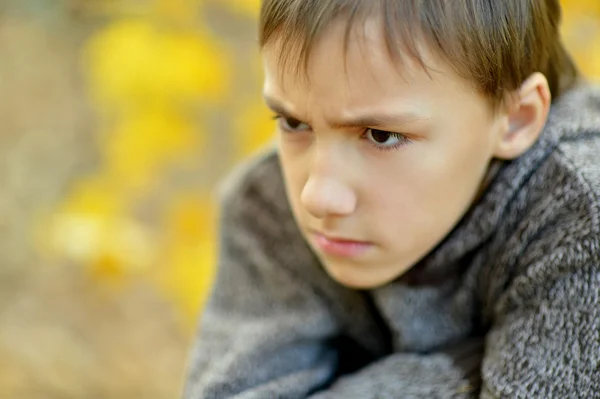 Trauriger Junge im Herbstpark — Stockfoto