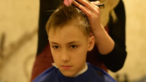 Weibliche Hände schneiden Haare von Jungen — Stockvideo