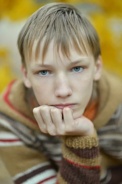 Kleine trieste jongen in park — Stockfoto