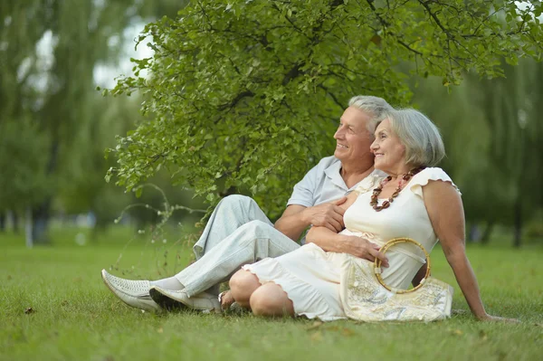 Starszy para siedzi na trawie — Zdjęcie stockowe