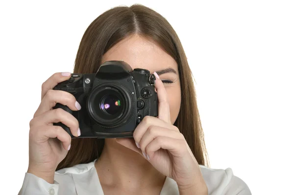 Mooie vrouw met camera — Stockfoto