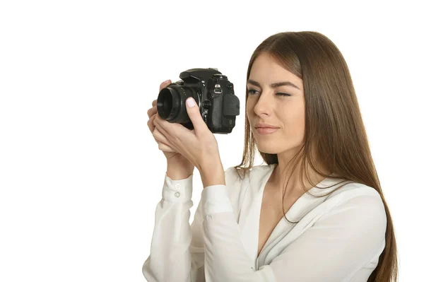 Mooie vrouw met camera — Stockfoto