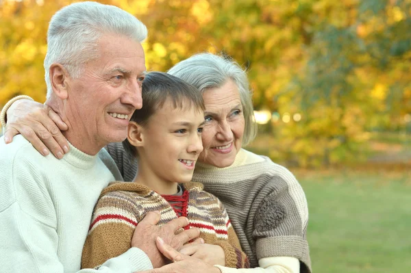 Счастливые бабушка и дедушка с внуком — стоковое фото
