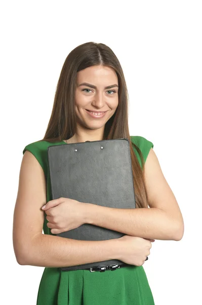 Mujer en vestido verde con portapapeles —  Fotos de Stock