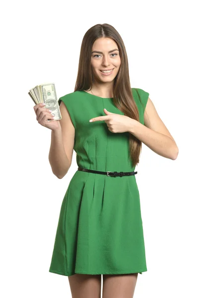 Woman in dress with money — Stock Photo, Image