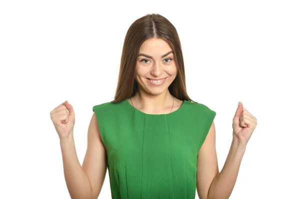 Vrouw gebaren winnaar teken — Stockfoto