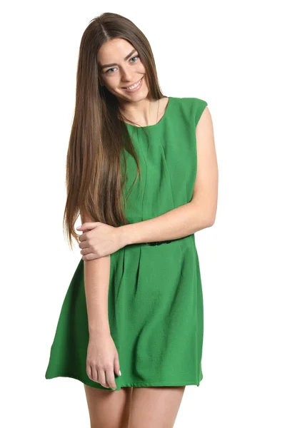 Beautiful woman in green dress — Stock Photo, Image