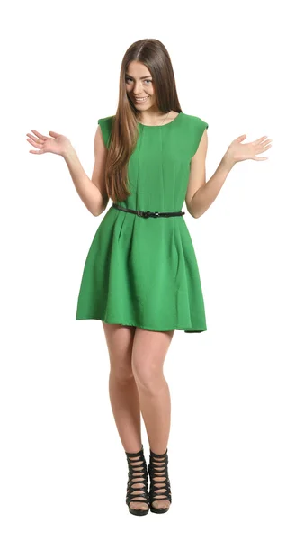 Beautiful woman in green dress — Stock Photo, Image