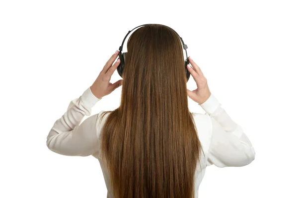 Menina ouvir música em fones de ouvido . — Fotografia de Stock