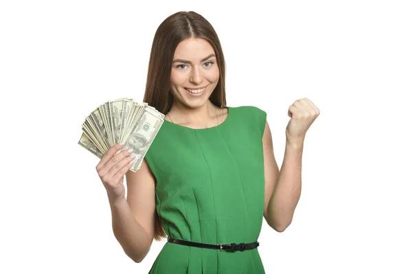 Mulher bonita com notas de dólar — Fotografia de Stock