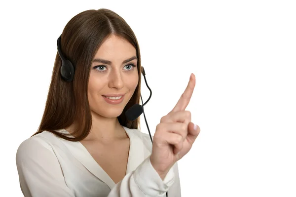 Operadora de serviço mulher com fone de ouvido — Fotografia de Stock