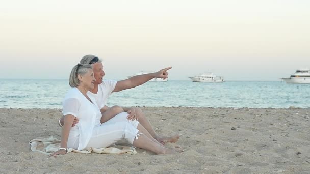 Divertida pareja de ancianos en una playa — Vídeo de stock