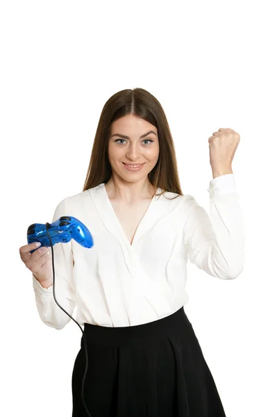 Woman playing video game with joystick — Stock Photo, Image