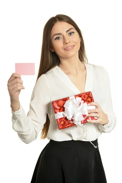 Mujer y vacío tarjeta en blanco — Foto de Stock