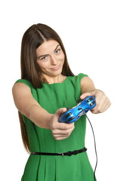 Donna che gioca al videogioco con joystick — Foto Stock