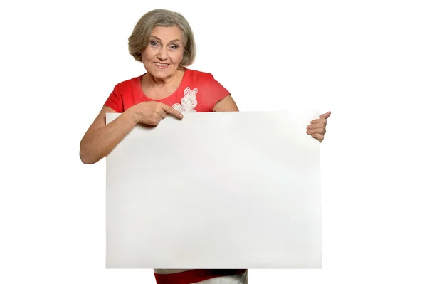 Senior woman holds banner — Stock Photo, Image