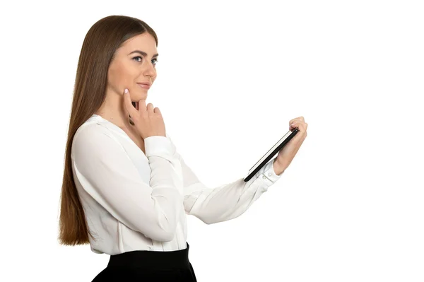 Piękna kobieta z komputera typu tablet — Zdjęcie stockowe