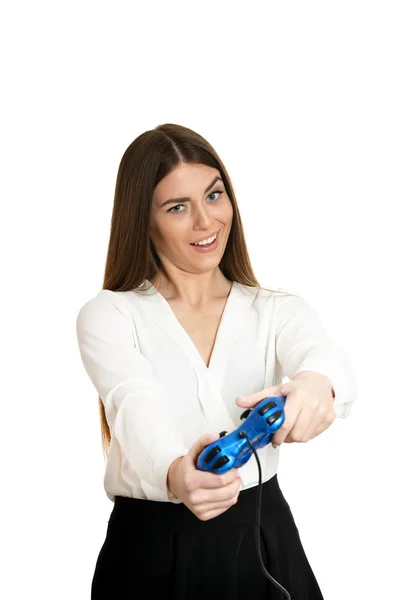 Mulher jogando videogame com joystick — Fotografia de Stock
