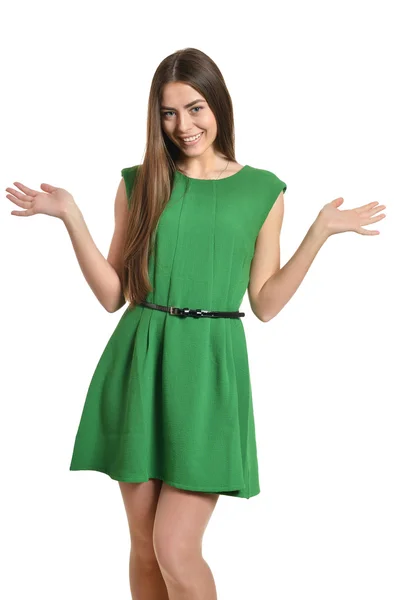 Beautiful woman in green dress — Stock Photo, Image