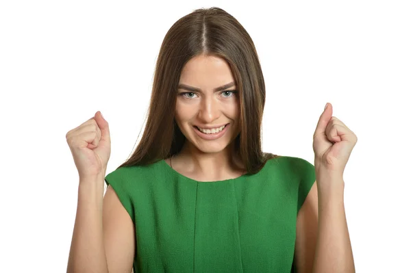 Vrouw gebaren winnaar teken — Stockfoto