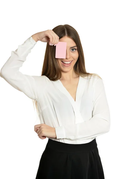 Nő és üres üres kártya — Stock Fotó