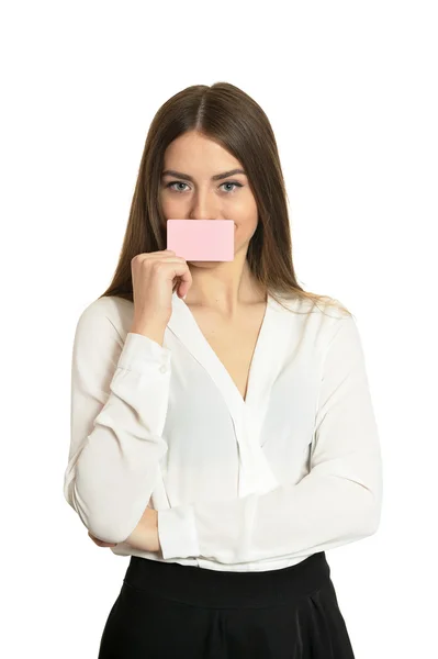 Mujer y vacío tarjeta en blanco —  Fotos de Stock