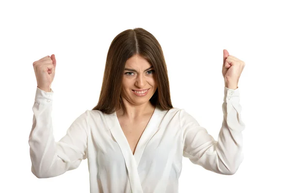 Vrouw gebaren winnaar teken — Stockfoto