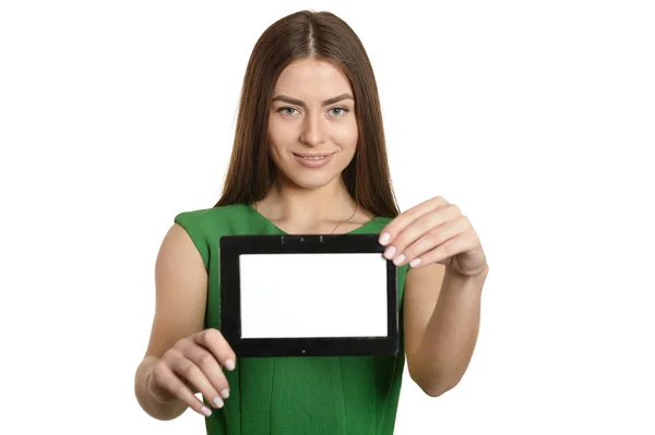 女孩穿着绿色与平板电脑 — 图库照片