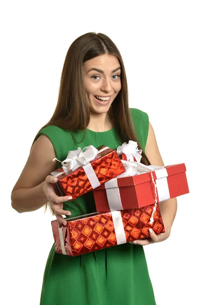 Mujer feliz con cajas de regalo — Foto de Stock